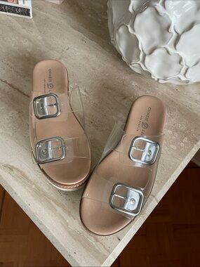 Chinese Laundry Clear Double-Strap Slide Sandals with Silver Buckles - Nude
